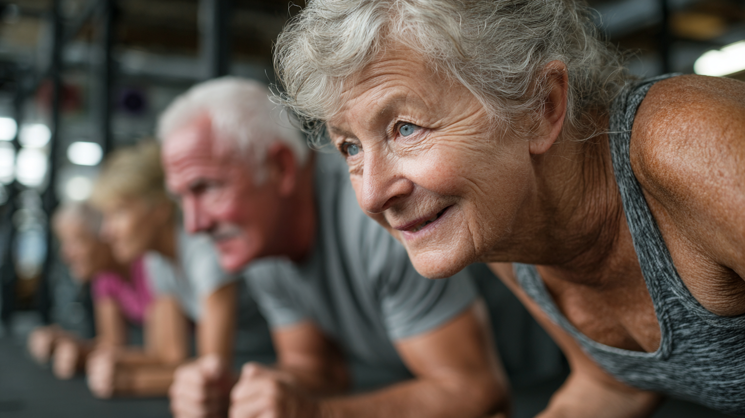Grup de seniori activi în timpul unei sesiuni de fitness